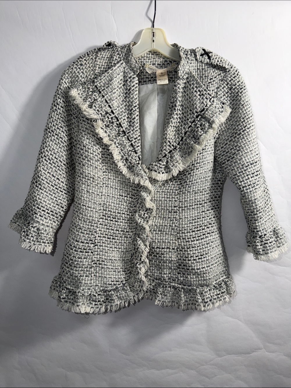 Nick & Mo Tweed Peplum Fringed Blazer Jacket Small Wool Blend Ruffle